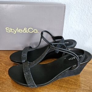 Style & Co. Black Strappy Wedge Sandals with Sparkle Detail